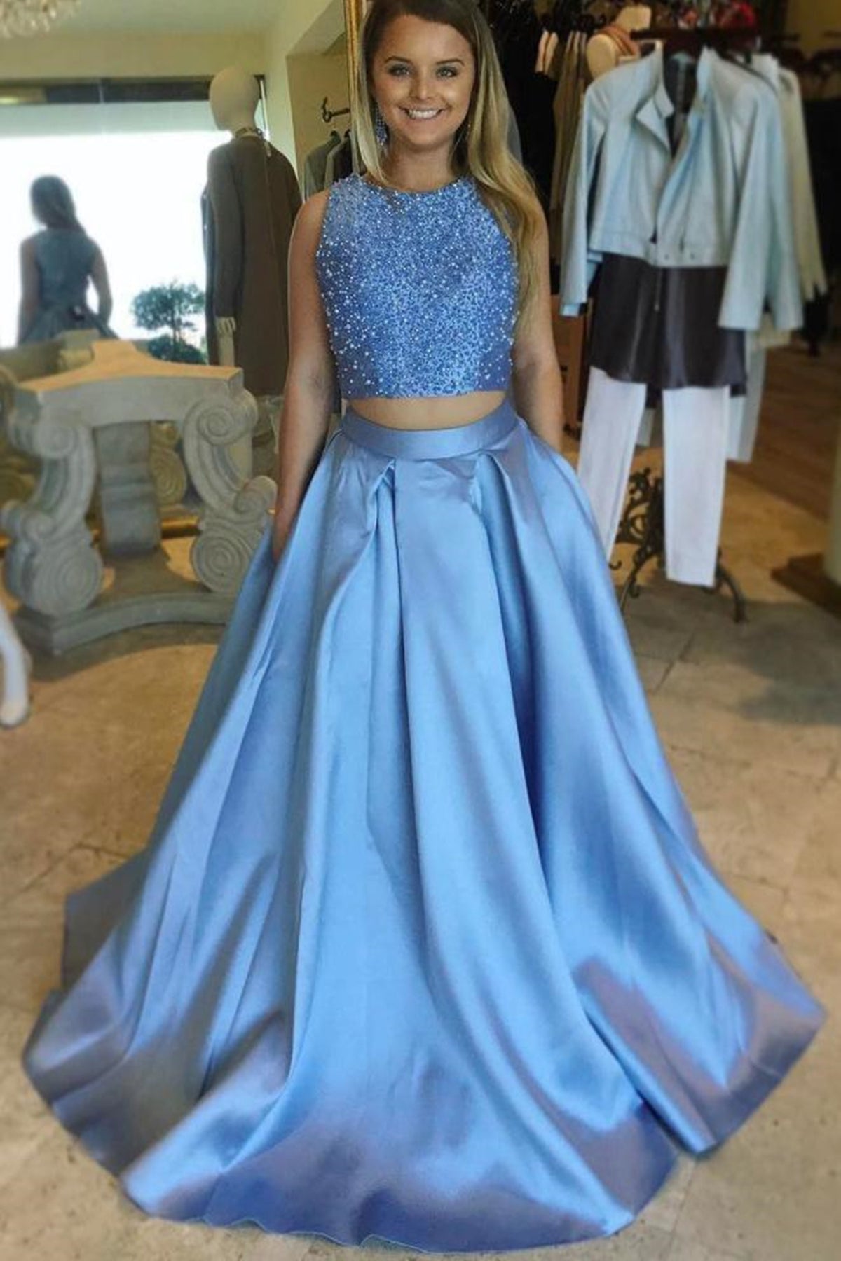 Two Pieces Round Neck Blue Beaded Long Prom Dresses, 2 Pieces Blue Formal Dresses, Blue Beaded Evening Dresses