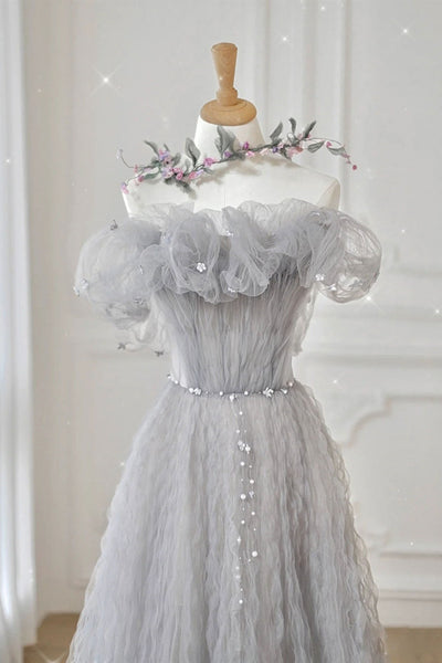 Unique Gray Tulle Long Prom Dresses with Beading, Grey Tulle Formal Graduation Evening Dresses