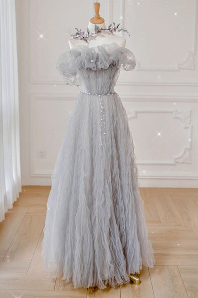Unique Gray Tulle Long Prom Dresses with Beading, Grey Tulle Formal Gr Lwt Dress Unique Gray Tulle Long Prom Dresses with Beading, Grey Tulle Formal Gr Lwt Dress