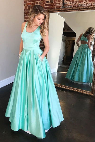 Unique Green Satin Long Prom Dresses with Pocket, Long Green Formal Graduation Evening Dresses