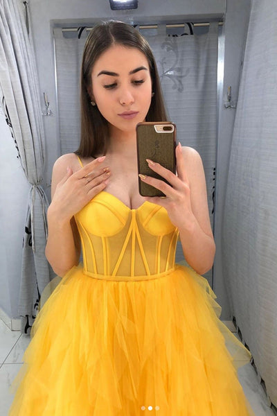 Unique Layered Yellow Tulle Long Prom Dresses, Sweetheart Neck Yellow Formal Dresses, Yellow Evening Dresses