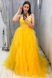 Unique Layered Yellow Tulle Long Prom Dresses, Sweetheart Neck Yellow Formal Dresses, Yellow Evening Dresses