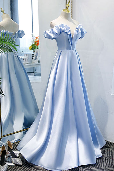 Unique Off Shoulder Blue Satin Long Prom Dresses, Long Blue Formal Graduation Evening Dresses