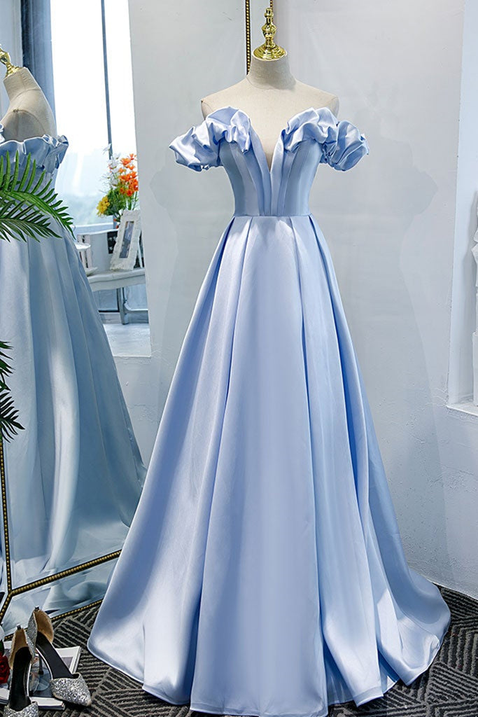 Unique Off Shoulder Blue Satin Long Prom Dresses, Long Blue Formal Gra Lwt Dress Unique Off Shoulder Blue Satin Long Prom Dresses, Long Blue Formal Gra Lwt Dress