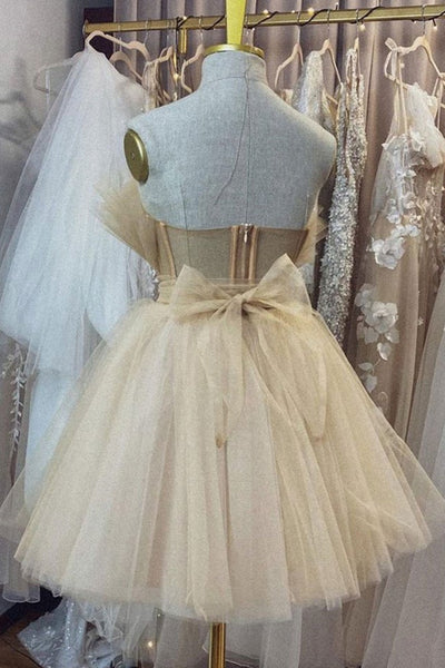 Unique Strapless Champagne Tulle Short Prom Homecoming Dresses, Open Back Champagne Formal Graduation Evening Dresses