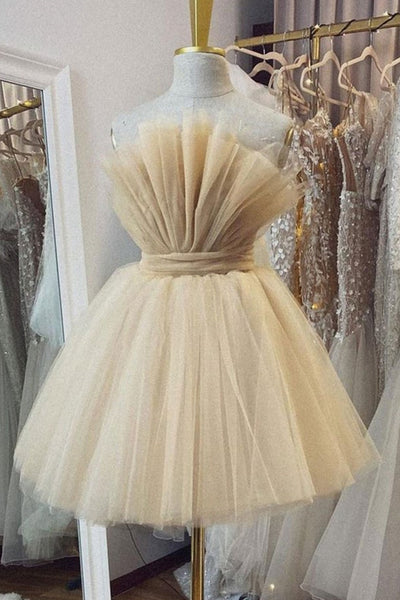 Unique Strapless Champagne Tulle Short Prom Homecoming Dresses, Open Back Champagne Formal Graduation Evening Dresses