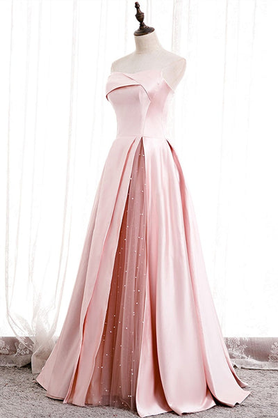 Unique Strapless Pink Satin Long Prom Dresses, Beaded Pink Formal Graduation Evening Dresses