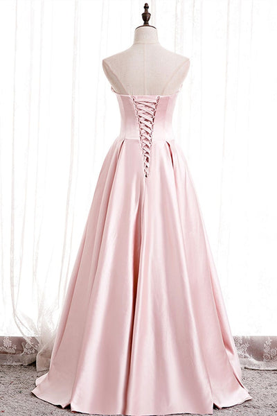 Unique Strapless Pink Satin Long Prom Dresses, Beaded Pink Formal Graduation Evening Dresses