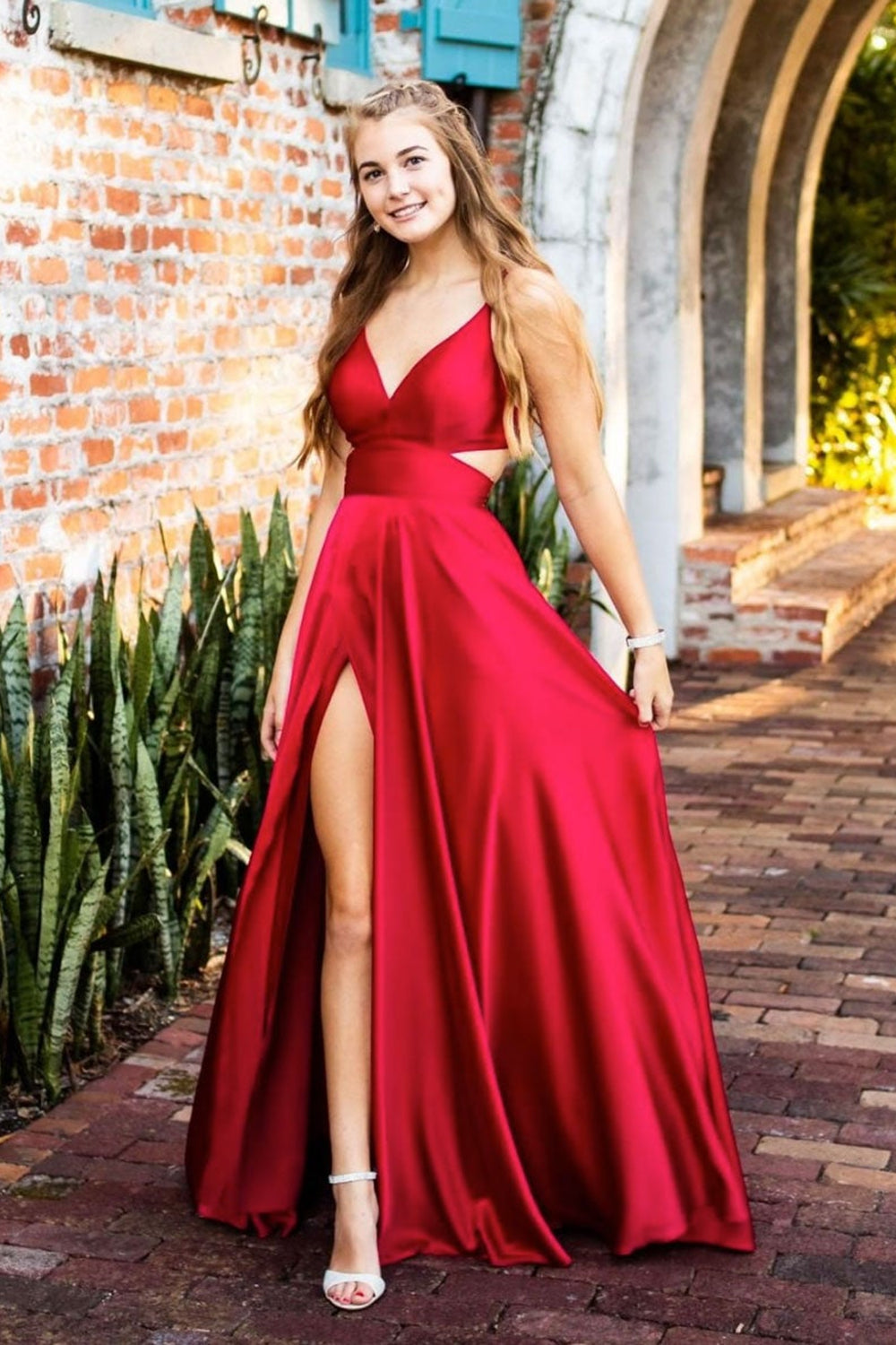 Unique V Neck High Slit Red Long Prom Dresses, V Neck Red Formal Dresses, Red Evening Dresses
