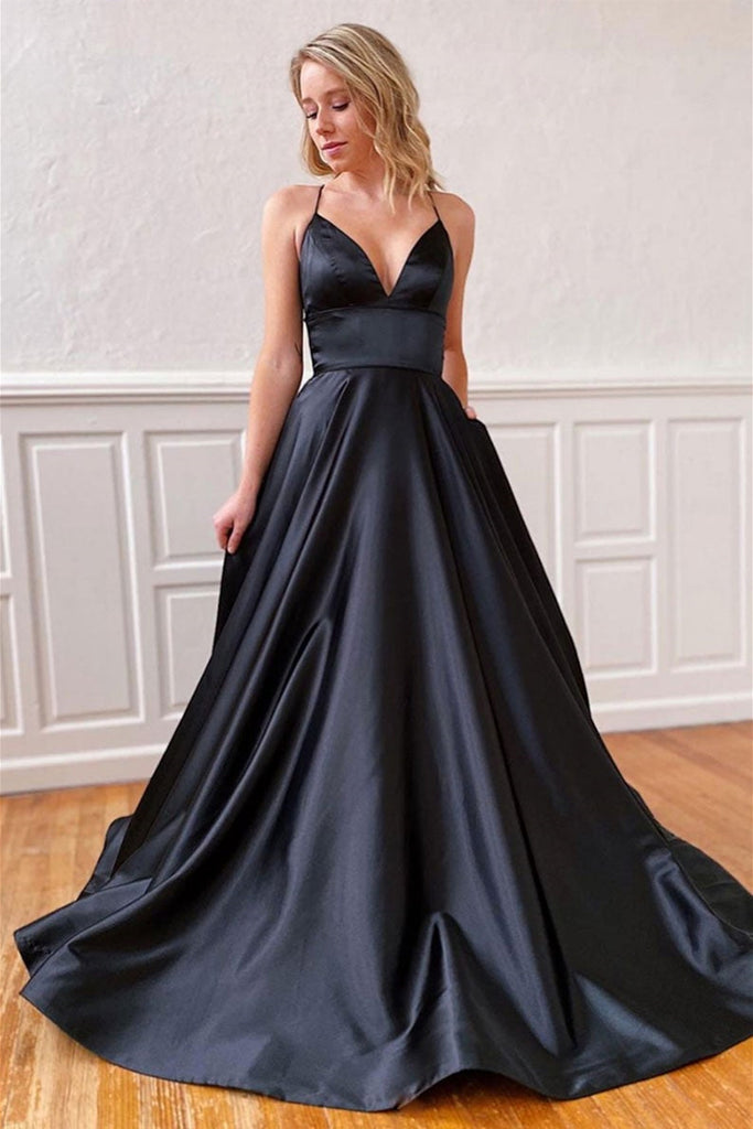 V Neck Backless Black Satin Long Prom Dresses, Backless Black Formal D
