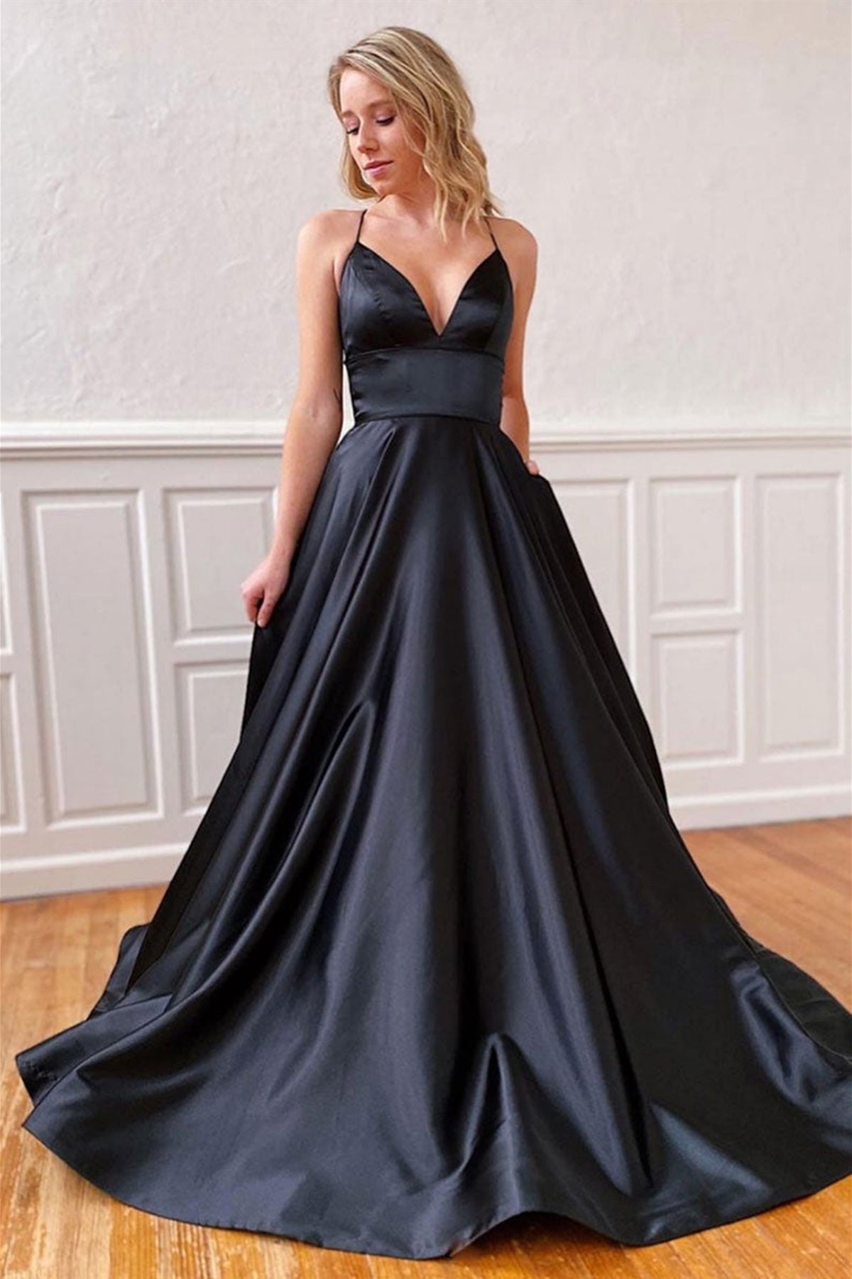 Black Satin Plunging Neck Puffy A-line Formal Gown - Xdressy