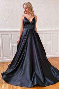 V Neck Backless Black Satin Long Prom Dresses, Backless Black Formal Dresses, Black Evening Dresses