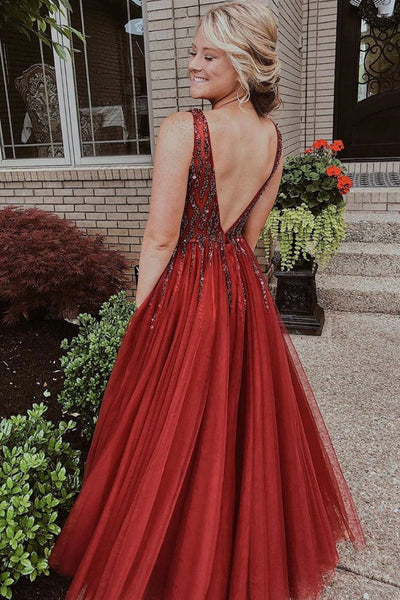 V Neck Backless Burgundy Beaded Long Prom Dresses, Open Back Burgundy Formal Dresses, Burgundy Evening Dresses