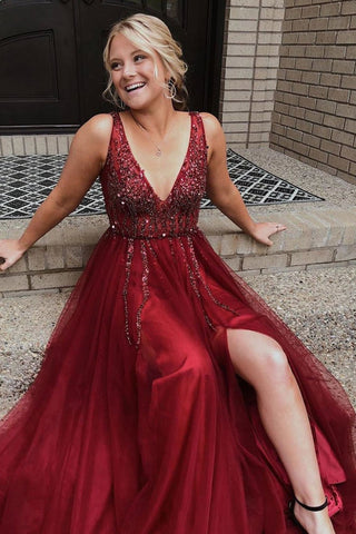 V Neck Backless Burgundy Beaded Long Prom Dresses, Open Back Burgundy Formal Dresses, Burgundy Evening Dresses