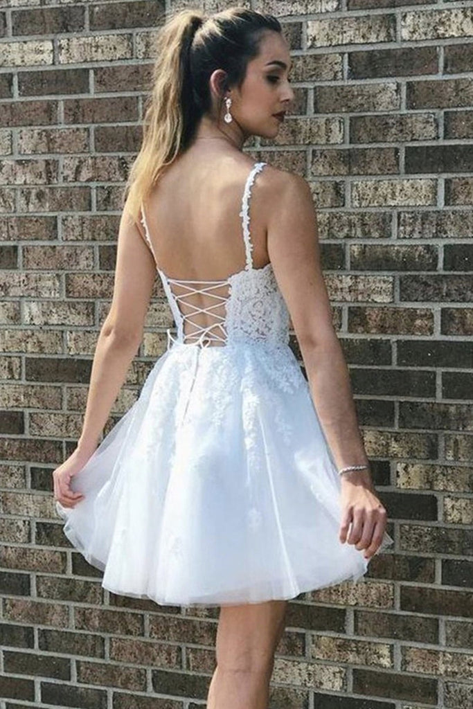 V Neck Backless White Lace Short Prom Dresses, Open Back White Homecom ...