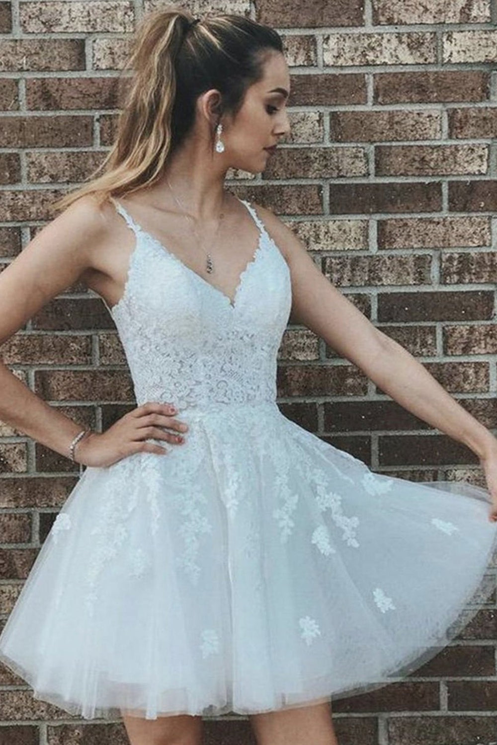 V Neck Backless White Lace Short Prom Dresses, Open Back White Homecom Lwt Dress V Neck Backless White Lace Short Prom Dresses, Open Back White Homecom Lwt Dress