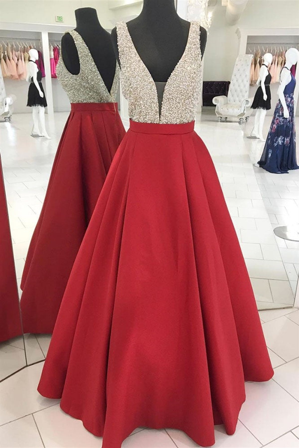 V Neck Beaded Red Satin Long Prom Dresses, V Neck Red Formal Evening Dresses, Beaded Red Ball Gown