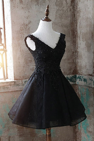 V Neck Black Lace Beaded Short Prom Dresses, Black Lace Homecoming Dresses, Beaded Black Formal Evening Dresses