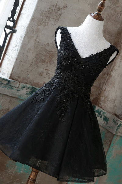 V Neck Black Lace Beaded Short Prom Dresses, Black Lace Homecoming Dresses, Beaded Black Formal Evening Dresses