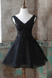 V Neck Black Lace Beaded Short Prom Dresses, Black Lace Homecoming Dresses, Beaded Black Formal Evening Dresses