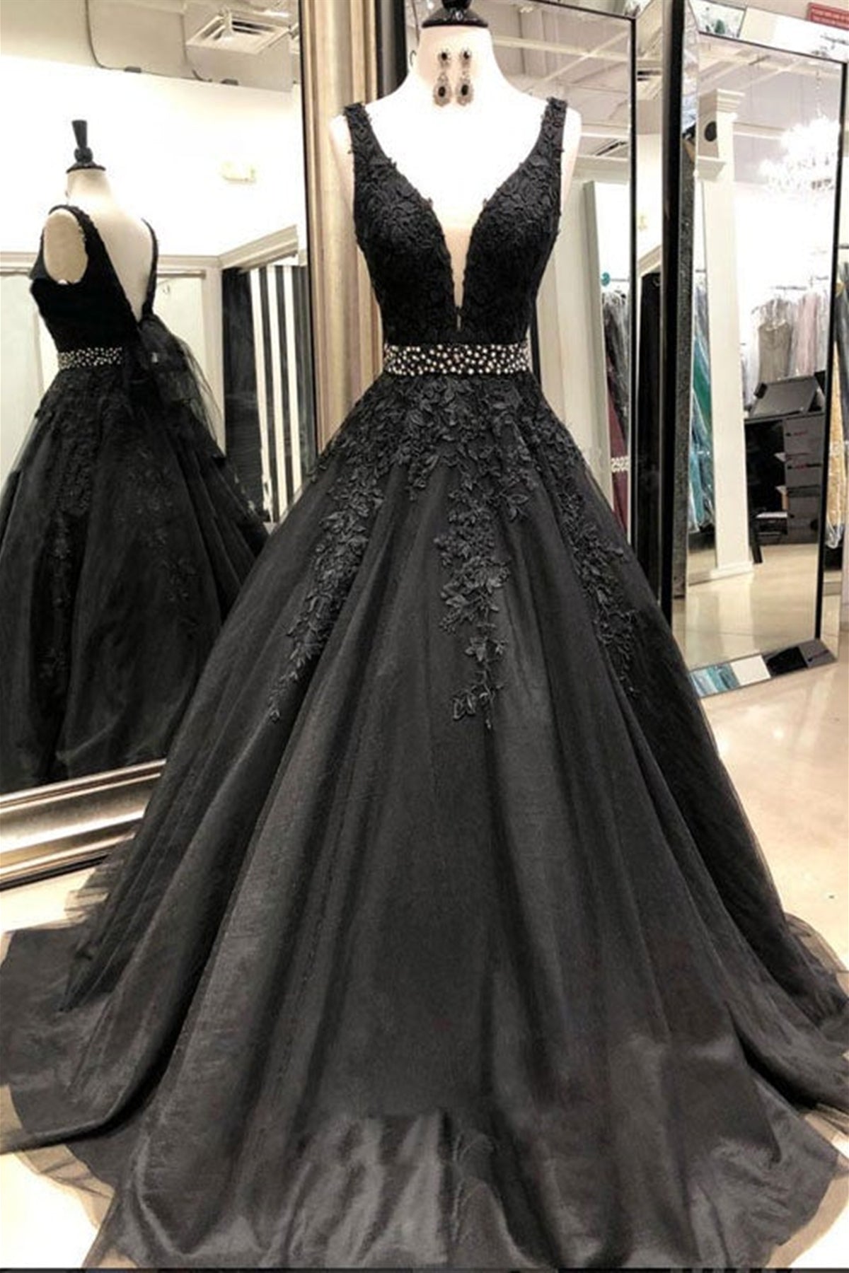 V Neck Black Lace Long Prom Dresses with Belt, V Neck Black Formal Evening Dresses, Black Lace Ball Gown