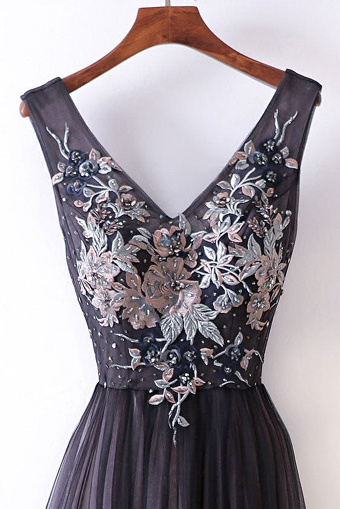 V Neck Black Tulle Long Prom Dresses with Lace Appliques, Black Floral Lwt Dress V Neck Black Tulle Long Prom Dresses with Lace Appliques, Black Floral Lwt Dress