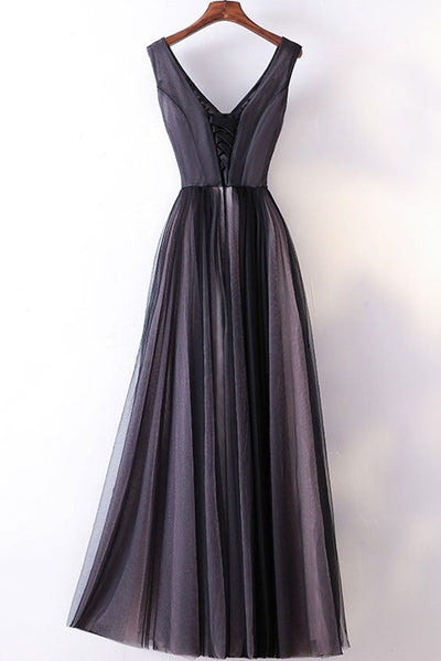 V Neck Black Tulle Long Prom Dresses with Lace Appliques, Black Floral Long Formal Graduation Evening Dresses