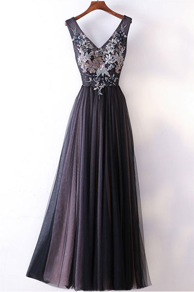 V Neck Black Tulle Long Prom Dresses with Lace Appliques, Black Floral Lwt Dress V Neck Black Tulle Long Prom Dresses with Lace Appliques, Black Floral Lwt Dress