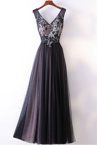 V Neck Black Tulle Long Prom Dresses with Lace Appliques, Black Floral Long Formal Graduation Evening Dresses