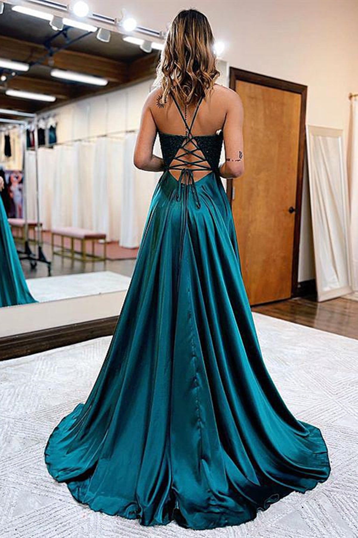 V Neck Blue Green Lace Prom Dresses, Blue Green Lace Formal Graduation – Lwt Dress