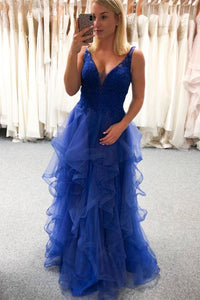 V Neck Blue Lace Beaded Long Prom Dresses, Blue Lace Formal Dresses, Beaded Blue Evening Dresses