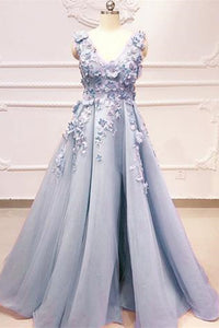 V Neck Blue Lace Floral Long Prom Dresses, V Neck Blue Formal Dresses, Blue Lace Party Dresses