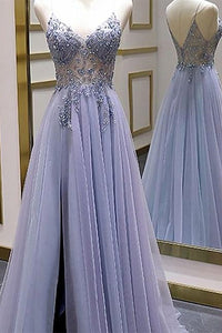 V Neck Blue Long Prom Dresses, Blue Long Beaded Formal Homecoming Dresses