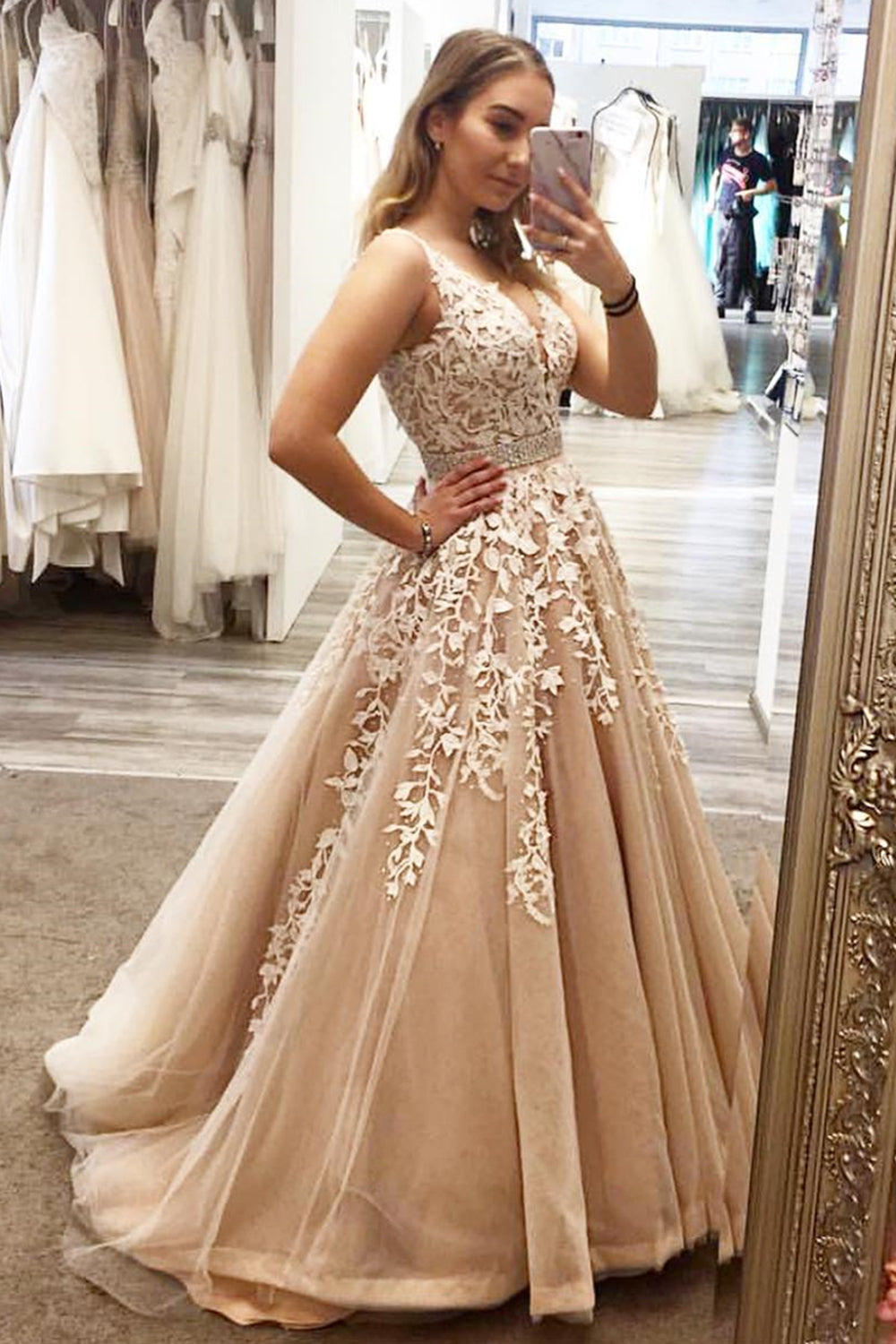 V Neck Champagne Lace Long Prom Dresses with Belt, Champagne Lace Formal Dresses, Champagne Evening Dresses