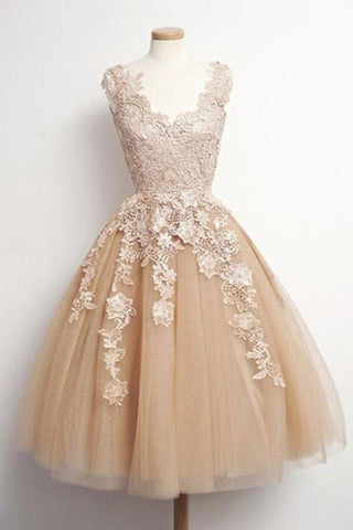 V Neck Champagne Lace Tulle Short Prom Homecoming Dresses, Champagne Lace Formal Graduation Evening Dresses