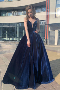 V Neck Dark Blue Velvet Long Prom Dresses, Dark Blue Velvet Formal Graduation Evening Dresses