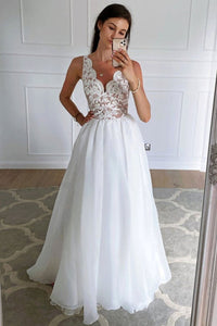 V Neck Floor Length White Lace Long Prom Dresses, White Lace Formal Dresses, White Evening Dresses