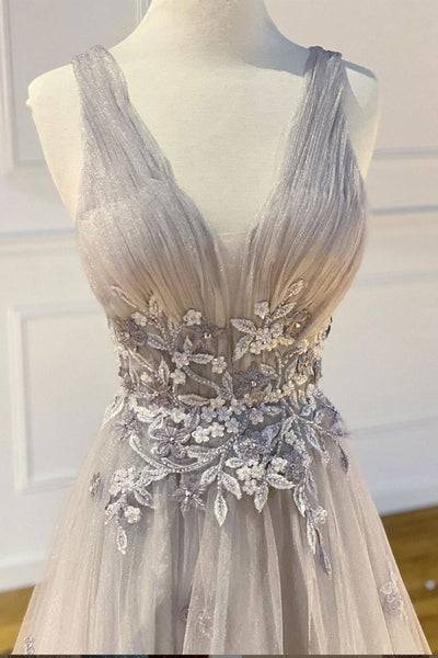 V Neck Gray Tulle Lace Floral Long Prom Dresses, Gray Lace Formal Dresses, Gray Floral Evening Dresses