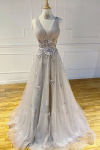 V Neck Gray Tulle Lace Floral Long Prom Dresses, Gray Lace Formal Dresses, Gray Floral Evening Dresses