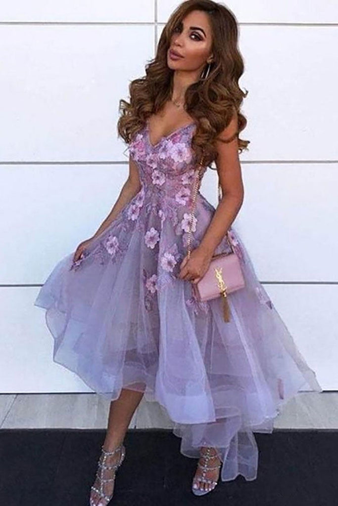 V Neck High Low Purple Floral Prom Dresses, V Neck Purple Homecoming D Lwt Dress V Neck High Low Purple Floral Prom Dresses, V Neck Purple Homecoming D Lwt Dress