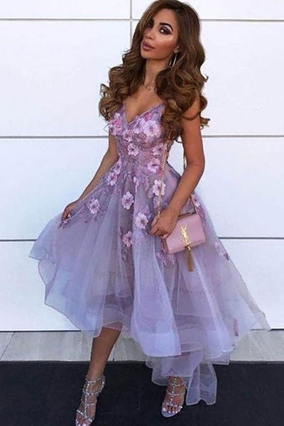 V Neck High Low Purple Floral Prom Dresses, V Neck Purple Homecoming Dresses, Purple Formal Evening Dresses with Flowers