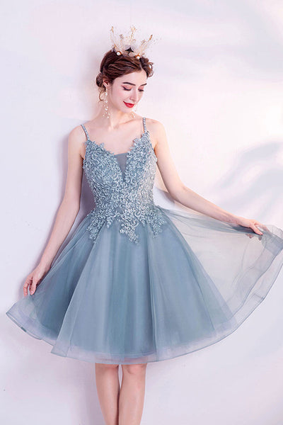 V Neck Lace Tulle Short Prom Homecoming Dresses, Lace Formal Graduation Evening Dresses WT1037