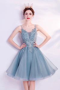 V Neck Lace Tulle Short Prom Homecoming Dresses, Lace Formal Graduation Evening Dresses WT1037