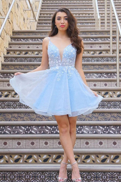 V Neck Light Blue Lace Floral Short Prom Dresses, Light Blue Lace Floral Homecoming Dresses, Light Blue Formal Evening Dresses
