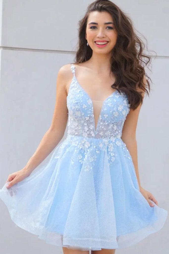 V Neck Light Blue Lace Floral Short Prom Dresses, Light Blue Lace Flor Lwt Dress V Neck Light Blue Lace Floral Short Prom Dresses, Light Blue Lace Flor Lwt Dress
