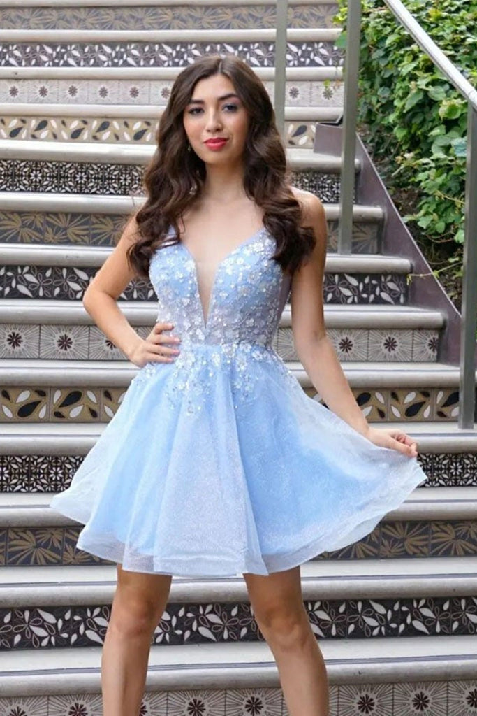 V Neck Light Blue Lace Floral Short Prom Dresses, Light Blue Lace Flor Lwt Dress V Neck Light Blue Lace Floral Short Prom Dresses, Light Blue Lace Flor Lwt Dress