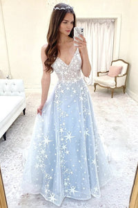 V Neck Light Blue Long Prom Dresses with Lace Stars, V Neck Light Blue Formal Evening Dresses
