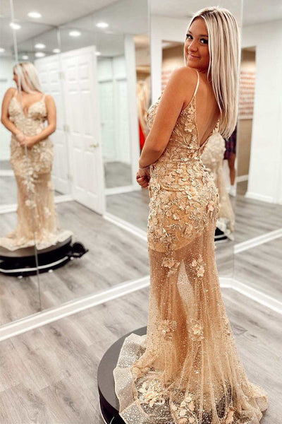 V Neck Mermaid Champagne Lace Floral Long Prom Dresses, Mermaid Champagne Formal Dresses, Champagne Lace Evening Dresses WT1109