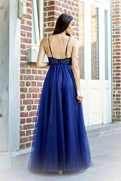 V Neck Navy Blue Lace Beaded Long Prom Dresses, Floor Length Navy Blue Formal Dresses, Navy Blue Lace Evening Dresses