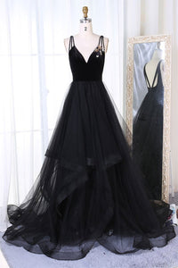 V Neck Open Back Black Tulle Long Prom Dresses, V Neck Black Formal Dresses, Black Evening Dresses